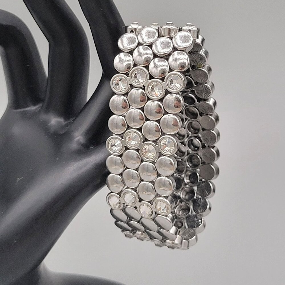 Round Silver Tone Disc Stretch Bracelet With Clear Rhinestone Accents
